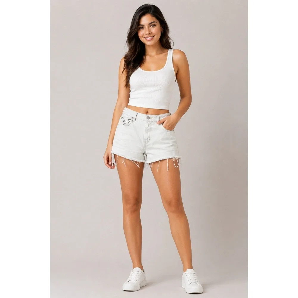True Religion Jayde White Denim Cut Off Shorts Horseshoe Flap Pocket USA Size 26